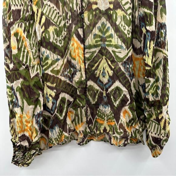 Zara Brown & Green Boho Aztec Print‎ Sheer Long Sleeve Button Down Shirt Size L - Picture 4 of 10